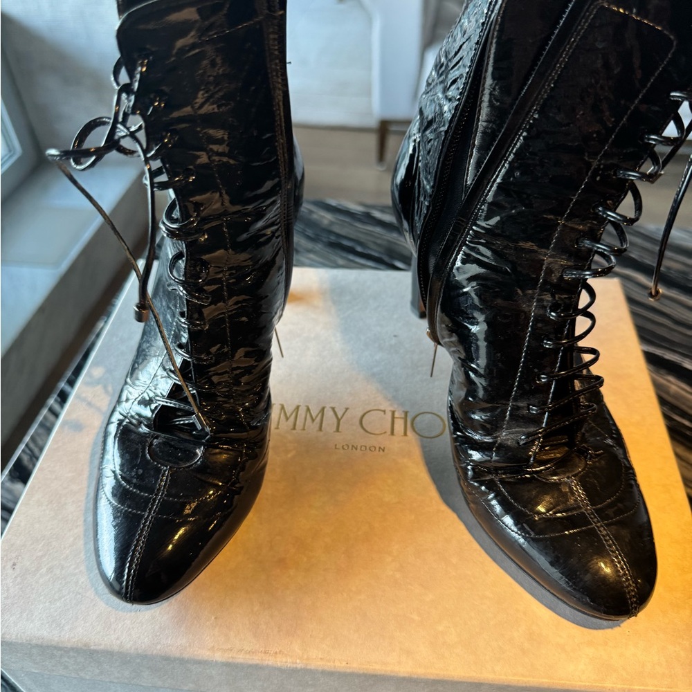 Jimmy Choo Glossy Black Lace Up Boots